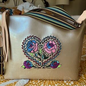 Consuela Gold Crossbody Bag with Embroidered Floral Heart